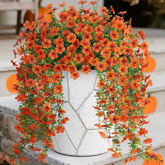 Fake Mums Artificial Hanging Flowers for Outdoor Fall Decoration, 2 PCS Silk Daisy Flower Realistic Faux Plants UV Resistant for Porch Patio Window Yard Outside Autumn Decor(Orange)