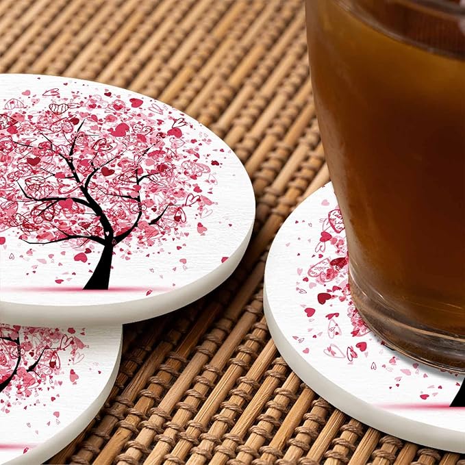 Valentine Tree with Hearts Drink Coasters Modern Wedding Branch Leaf Art Love Symbol Pink Tree Housewarming Presentss for New Home Present for Friends,2 Pcs,4 X 4 X 0.35 Inches
