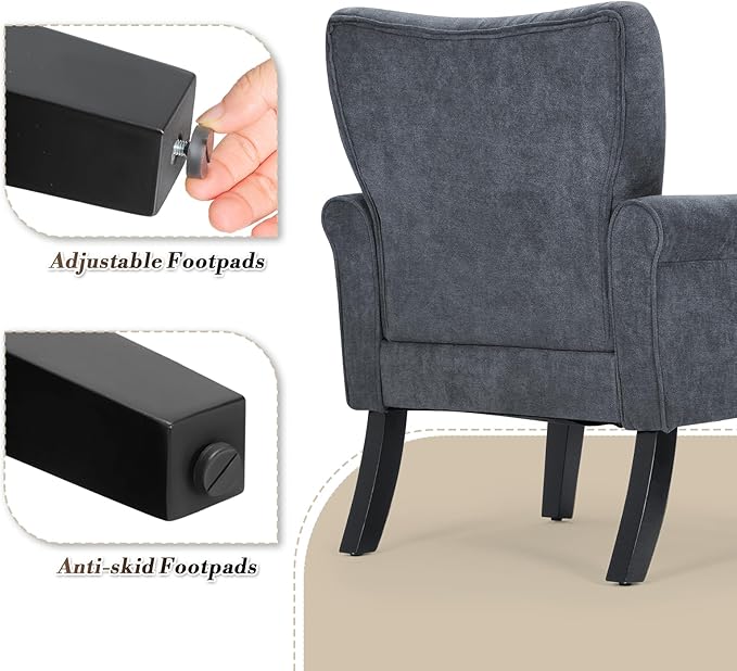 Athena Collection Mid Century Modern Chair for Living Room, Upholstered Wingback Reading Chair for Adults, Comfy Linen Fabric Armchair with Wooden Legs for Bedroom, Dorm, Balcony, Grey