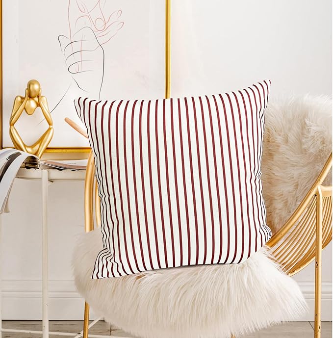 Decorative Throw Pillow Covers Set of 2 Wine Red Striped Pillow Covers 16x16 Inch Throw Pillow Cover Linen Pillowcase Modern Farmhouse Outdoor Pillow Covers for Couch Sofa Living Room
