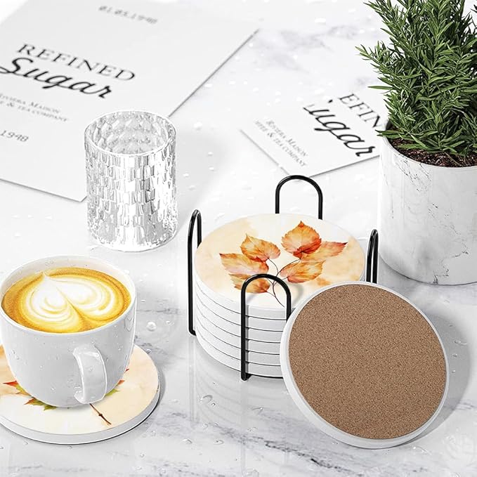 Fall Drink Absorbent Coasters with Holder Set of 6, Ceramic Stone with Cork Base, Watercolor Orange Falling Maple Leaves Coaster for Drinks, Gift for Housewarming Room Bar Home Decor Kitchen