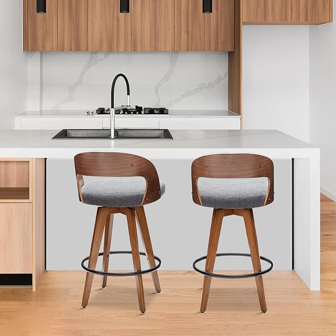 Barstools Set of 2,Counter Height Bar Stools for Kitchen Island,26.8 Inch Modern Upholstered Bar Chair, Swivel Counter Stools with Wood Back and Bamboo Legs (Darkgray-Fabric)