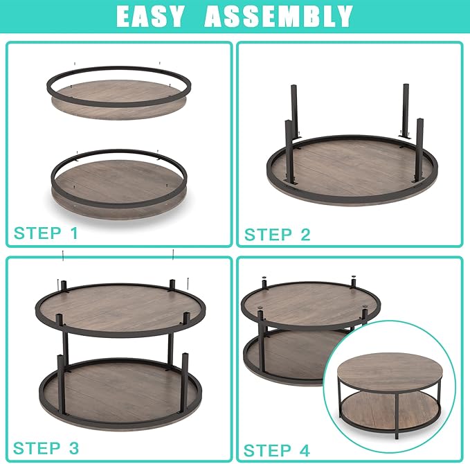 NSdirect Round Coffee Table, 36” Coffee Table for Living Room, 2-Tier Wood Desktop & Sturdy Metal Legs Table Home Furniture with Storage Shelf (Walnut)