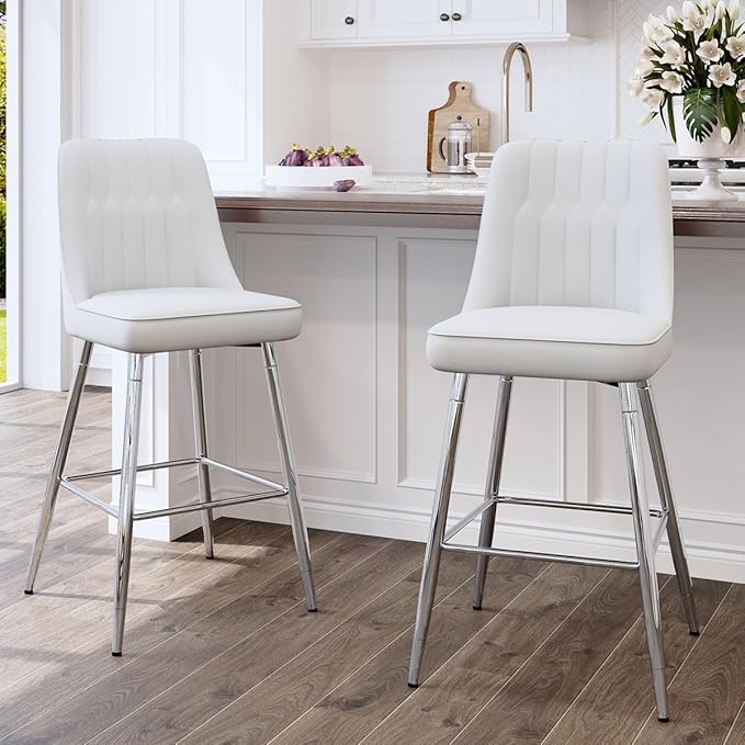 Counter Height Bar Stools Set of 2,White Bar Stools with Back,27" Upholstered Counter Height Bar Stool with Sturdy Silver Chrome Footrest,Modern Kitchen Island Chairs for Home Pub Bar