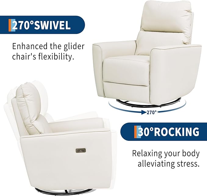 GarveeHome Recliner Chair, 360° Swivel Rocker Glider Nursery Chair with Padded Armrest and Deep Seat, PU Leather Upholstered Reclining Sofa Chair for Living Room, Bedroom and Nursery (Light White)