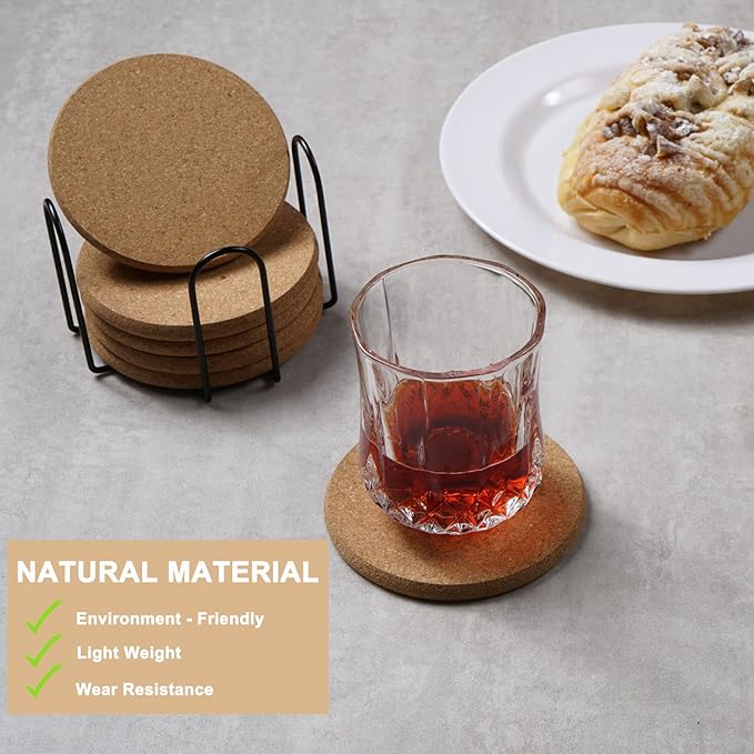 8 Pcs Drink Coasters with Holder, Thicker Cork Coasters for Drinks Absorbent for Coffee Table Wooden Coaster Set Tabletop Protection Cup Mat Bar Kitchen Living Room House Home Decor Housewarming Gift