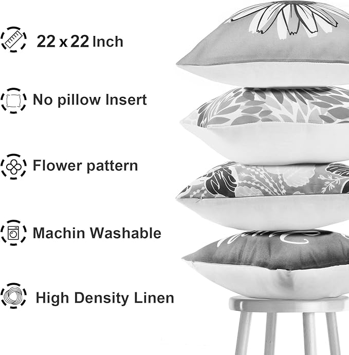 Decorative Throw Pillow Covers Set of 4 Grey Pillow Covers 22x22 inch Square Linen Throw Pillow Cases Modern Farmhouse Outdoor Couch Pillow Cover for Sofa Bedroom Living Room(Gray)