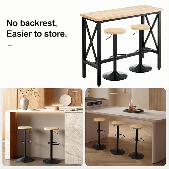 Bamboo Backless Bar Stools Set of 2, Swivel Bar Stools, Adjustable Bar Stools, Modern Bar Stools with Hard Seat, Backless Counter Height Barstools for Kitchen Island, Cafe, Dining Room, Black