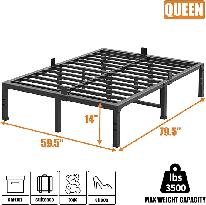FUIOBYVV Queen Bed Frame, 14 Inch Heavy Duty Metal Platform Bed Frame Queen Size Support Up to 3500 lbs, No Box Spring Needed,Headboard Holes,Steel Slat Support,Noise Free,Easy Assembly