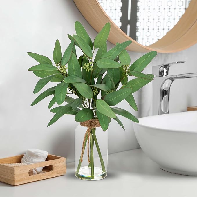 Briful Artificial Eucalyptus Stems in Clear Glass Vase with Faux Water, 14" Fake Plant Eucalyptus Leaves for Home Office Farmhouse Wedding Centerpiece Décor