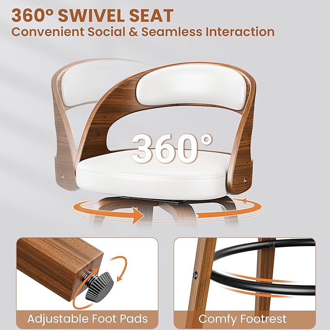 Bar Stools Set of 3, 26" Swivel Counter Height Bar Stools with Bentwood Legs and Back, Mid Century Modern Faux Leather Upholstered Counter Stools for Kitchen Island, Bar, Restaurant, White