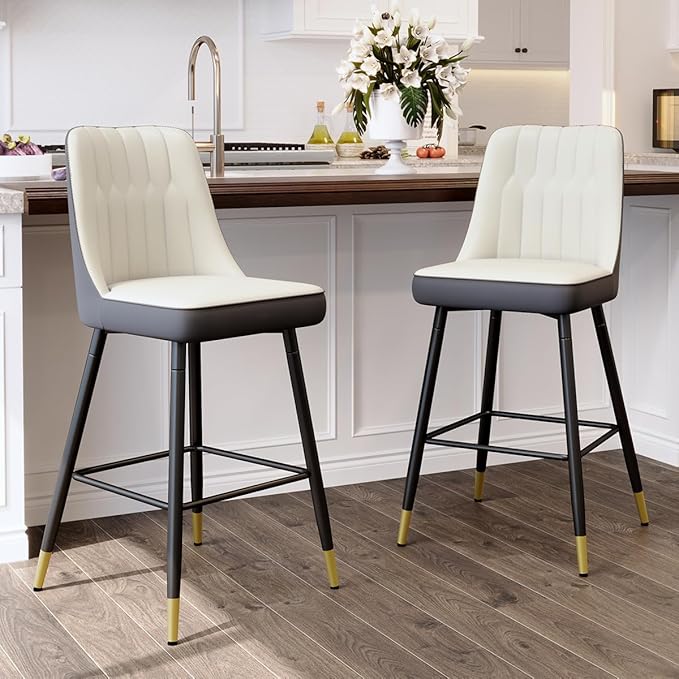 Counter Height Bar Stools Set of 2,27" Modern Bar Stools with Back,Upholstered Counter Height Bar Stool with Sturdy Metal Footrest,Kitchen Island Chairs for Home Pub (White-Grey,2)