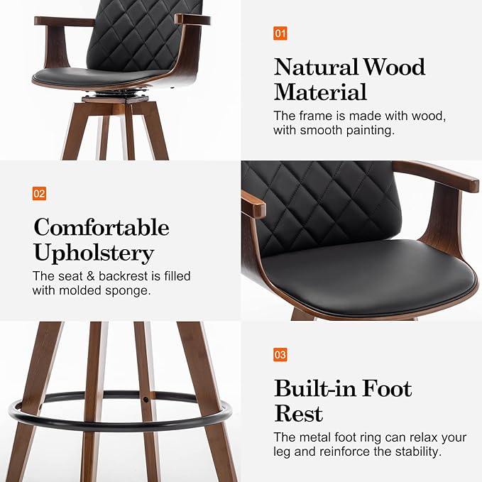 Counter Stools Set of 2, Upholstered Faux Leather Counter Height Bar Stools, Swivel Counter Chairs with Wooden Arms and Legs (Black, 26" Seat Height)