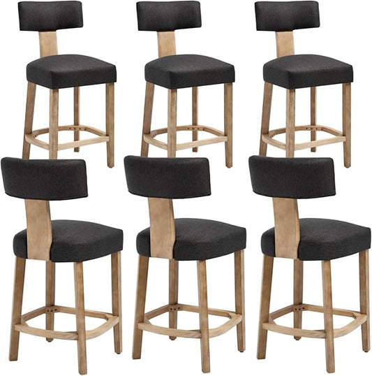Linen Bar Stools Set of 6, Upholstered 27.7'' Counter Height Barstools with Curved Back, Farmhouse Wood Bar Chairs for Breakfast, Kitchen Island, Cafe, Gray