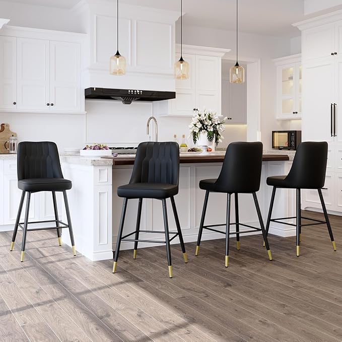 Bar Stools Set of 2,Counter Height Bar Stools with Back,Modern Faux Leather Kitchen Stools,27"Black Barstools with Stable Metal Leg,Armless Counter Height Chair for Kitchen Island,Coffee Corner