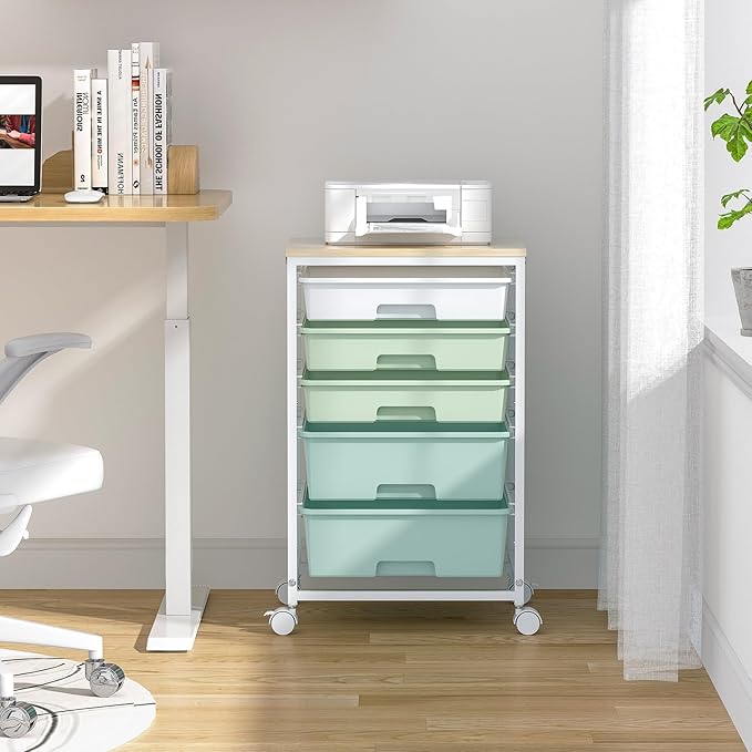 Craft cart,Rolling Cart with Drawers,Storage Cart with 5 Drawers and Wooden Tabletop for Under Desk Organizers and Storage,Green