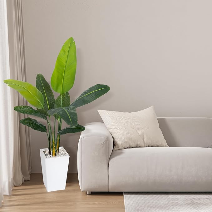 Bird of Paradise Artificial Plant 5FT, Faux Tropical Palm Tree with White Tall Planter, Large Fake Plants in Pot - Artificial Tree for Home Office Living Room Decor Indoor