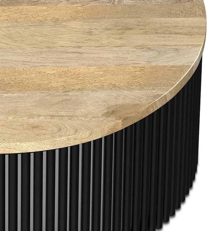 SIMPLIHOME Demy Coffee Table - 35 inch Wide Industrial Contemporary Round Cocktail Table in Natural and Black, Sculptural Living Room Table with Wood Veneer Top and Powder Coated Metal Base, Assembled