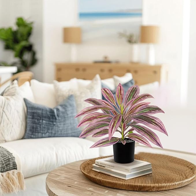 Artificial Plants Indoor with Pot, 19" Fake Potted Plants Medium Artificial Dracaena Plant in Black Pot Faux Tropical Plants for Bathroom Living Room Office Desk Shelf Decor