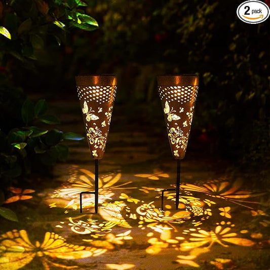 Butterfly gifts for women,2 Pack Solar pathway Lights Outdoor,Metal Garden decorations outdoor Lights with Patterns and Warm Light,Waterproof landscape lighting for Path Patio Backyard Walkway Yard
