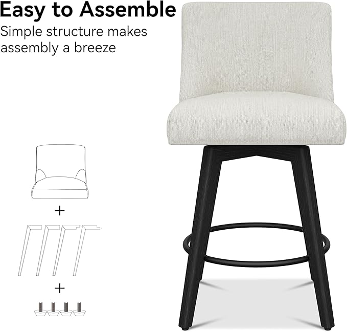 Counter Height Bar Stools Set of 2, Modern Swivel Barstools with Back and Wood Legs, Linen Fabric Upholstered Counter Height Stools, 26" H Kitchen Island Stools, Home Bar, Pub, Ivory