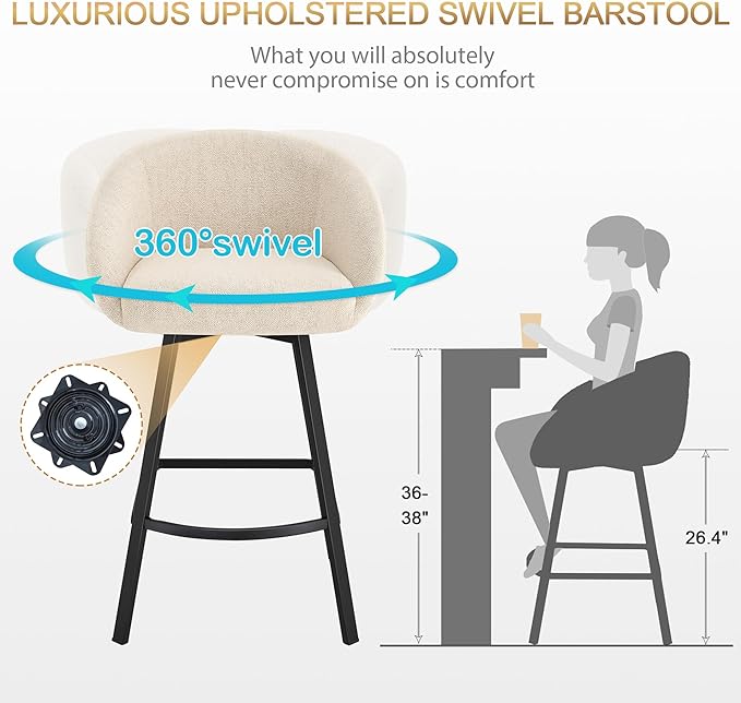 Zesthouse Swivel Counter Height Stools Set of 4, Modern Barrel Bar Stools for Kitchen Island, 26" Upholstered Kitchen Counter Height Barstools with Barrel Arms & Back, Beige Linen Fabric Bar Chairs