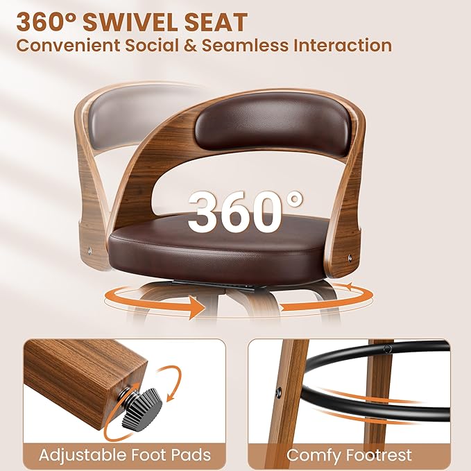 Bar Stools Set of 3, 26" Counter Height Barstools with Bentwood Legs, Swivel Counter Stools with Back, Mid Century Modern Faux Leather Upholstered Bar Chairs for Kitchen Island, Brown