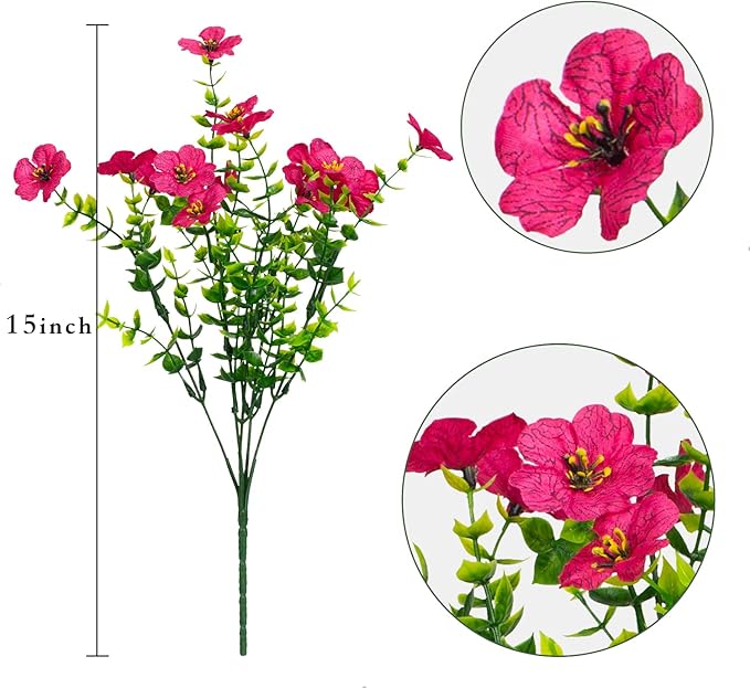 16 Bundles Artificial Flowers Outdoor Spring Summer Decoration Fake Silk Colorful Daisy Eucalyptus Realistic UV Resistant Outside Faux Plants for Garden Porch Window Box Home Decor (Rose Red)