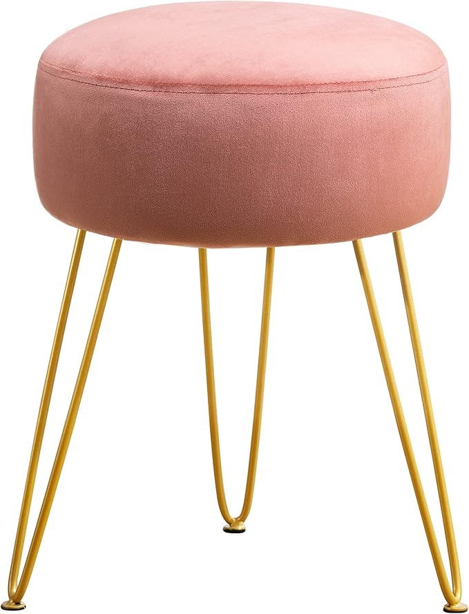 LUE BONA Vanity Stool, Pink Vanity Stools for Makeup Room, Round Ottoman Foot Stool, Velvet Footrest Vanity Chair for Bathroom Vanity, Bedroom, Living Room, Entryway, Offices