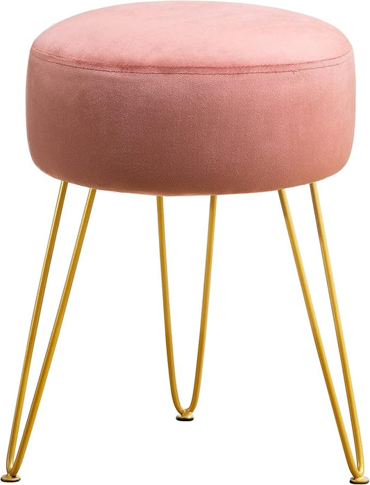 LUE BONA Vanity Stool, Pink Vanity Stools for Makeup Room, Round Ottoman Foot Stool, Velvet Footrest Vanity Chair for Bathroom Vanity, Bedroom, Living Room, Entryway, Offices