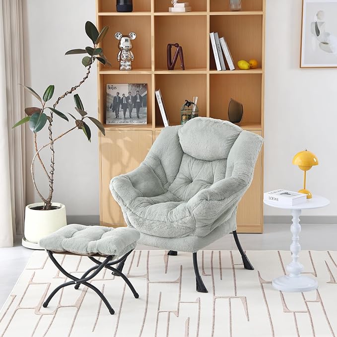 Welnow Lazy Chair with Ottoman, Modern Lounge Accent Chair with Armrests and a Side Pocket, Leisure Sofa Armchair, Reading Armchair with Footrest for Small Space, Plush Green