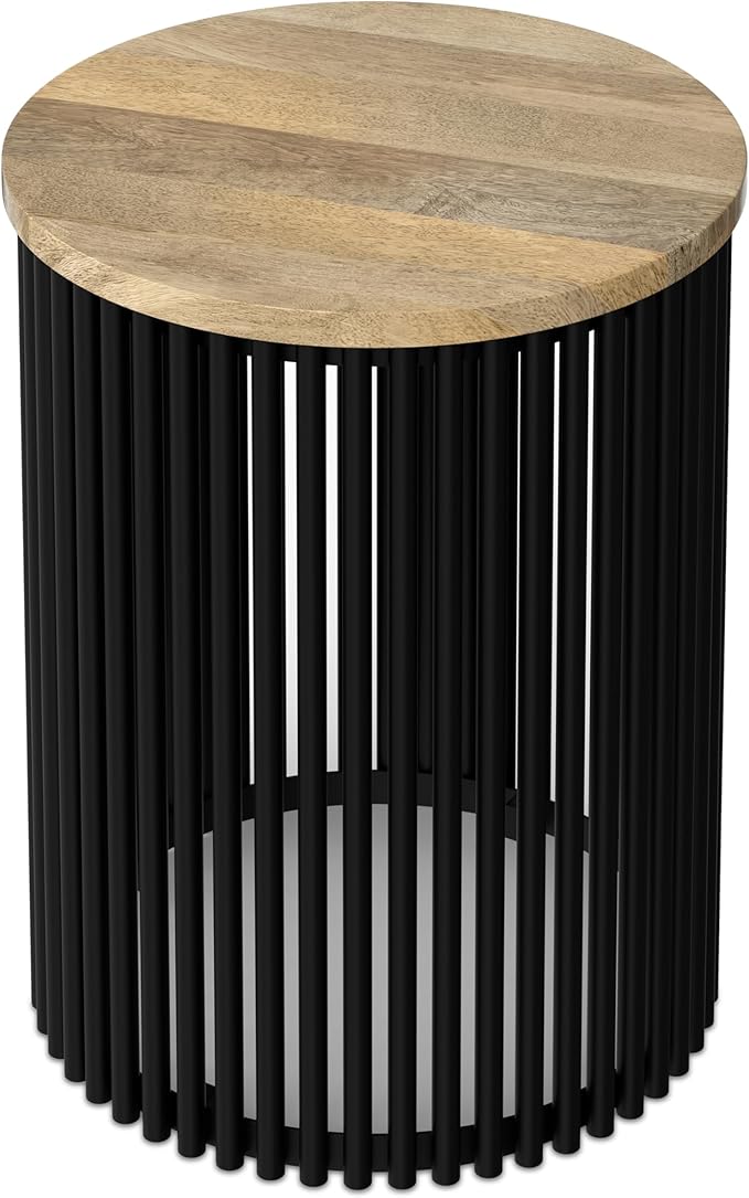 SIMPLIHOME Demy 20 inch Wide Tall Side Table in Natural Solid Mango Wood/Black Metal, Slim Round Accent Table for Living Room, Bedroom, or Entryway, Industrial Style Assembled