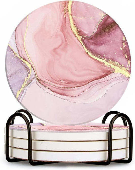 Drink Coasters Set of 4 with Holder Round Water Absorbent Pink Cute Marble Ceramic Coasters Tabletop Protection, Suitable for Various Mugs, Home Decor，Housewarming Gift, 4 Inch