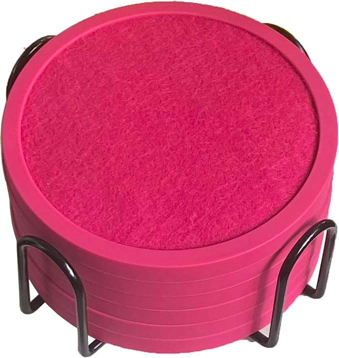 Absorbent Coasters for Drinks with Holder - 6packs, Silicone Coaster with Soft Felt Insert (4.3 inch Coasters with 4.5 inch Holder, Pink)