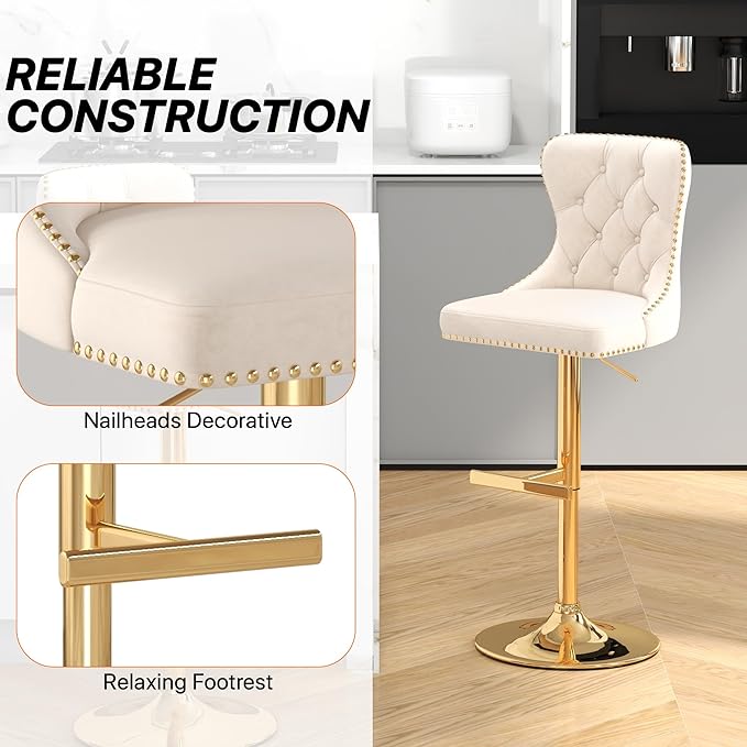 Bar Stools Set of 2, Velvet Swivel Counter Height Stools with Tufted Back, Adjustable Seat with Nailheads Trim, Upholstered Bar Chairs with Gold Base for Kitchen Island, Pub, Beige