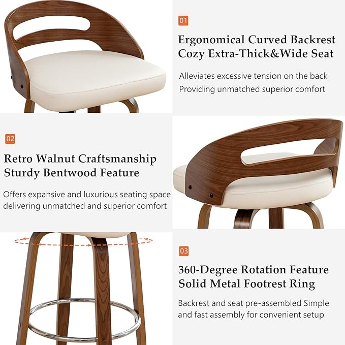 Bar Stools Set of 4, Swivel Bar Stools with Walnut Craftsmanship, Bentwood Curved Back, Upholstered Faux Leather, Soft Cushion Seat, Mid Century BarStools for Bar/Pub/Cafe (Beige, 30" Seat Height)
