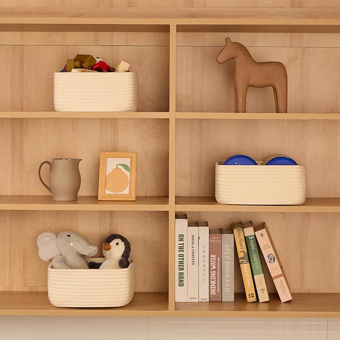 Small Square Shallow Baskets for Organizing, 9.7x9.7x4.3 Inch Rope Woven Storage Bins for Cubes Closet, Shelves Storage, Boho Decorative Basket, 2 Packs Beige