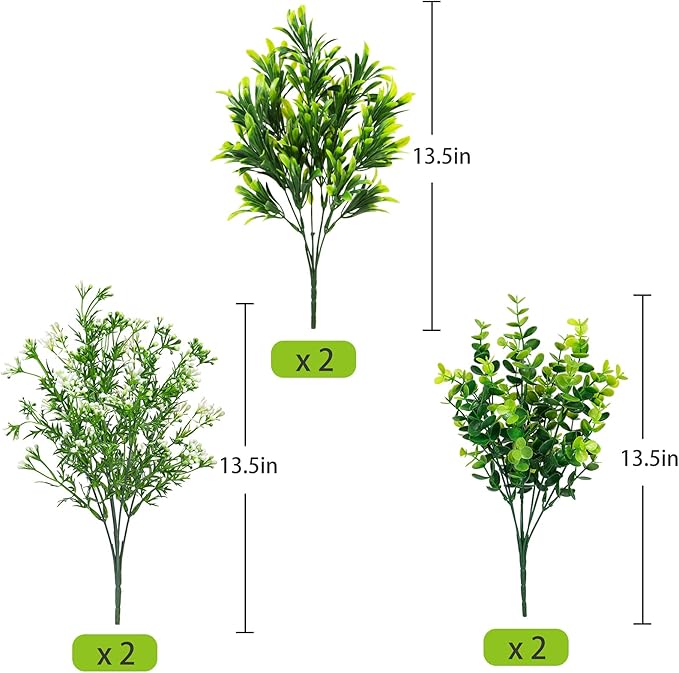 Ouddy Decor 6 Bundles Artificial Greenery Stems Mixed Fake Plants Eucalyptus Stems Babys Breath Faux Plastic Artificial Plants & Flowers for Outdoor Indoor Garden Home Window Box Decor