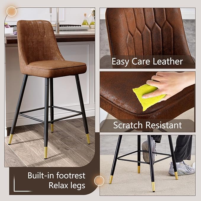 Counter Height Bar Stools Set of 2,Modern Bar Stools Set of 2,Brown Faux Leather Barstools with Back and Footrest,27" Bar Chairs for Kitchen Island,Cafe,Pub,Bar,Dining Room,Hold Up to 500 LBS