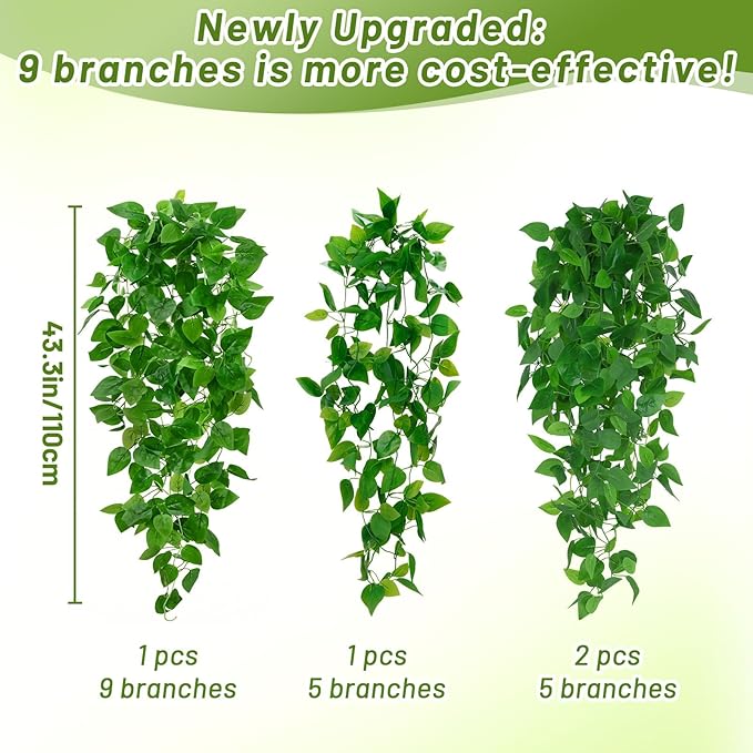 BLEUM CADE 8Pcs Fake Hanging Plants, 9 Branch Artificial Hanging Plant, Lush Faux Pothos Vines for Home Room Wall Shelf Porch Outdoor Indoor Decor (No Baskets)