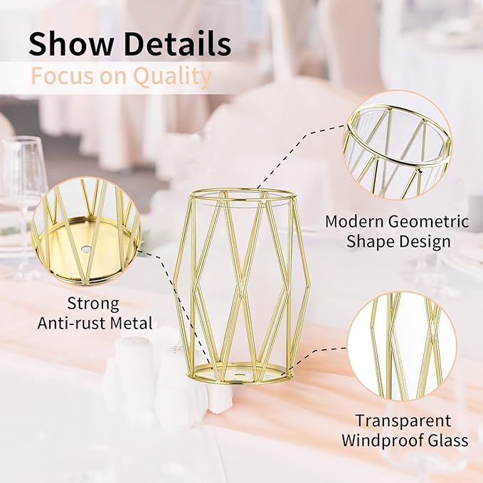 Nuptio Candle Holders for Pillar Candles - Geometric Candleholders Gold Flower Vase with Hurricane Cylinder Glass Dual Uses for Wedding Birthday Party Table Living Room Centerpieces