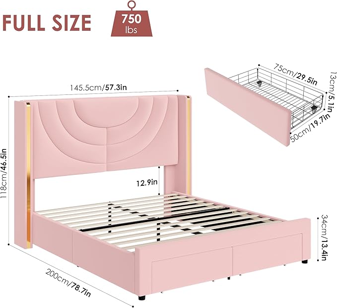 HITHOS Full Upholstered LED Bed Frame with 2 Storage Drawers, Velvet Platform Bed with Wingback Headboard, Solid Wooden Slats Support, No Box Spring Needed, Headboard Splicing Design, Pink