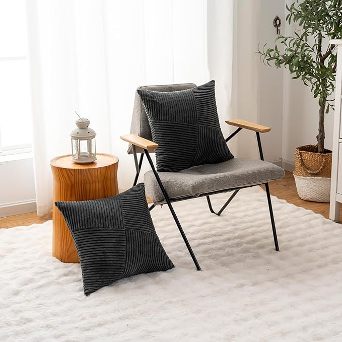 Decorative Throw Pillow Covers 16x16 Inch Set of 2 for Boho Living Room Farmhouse Home Decor, Spring Pillow Covers for Couch Bed, Soft Corduroy Striped Patchwork Cushion Cases, Dark Gray