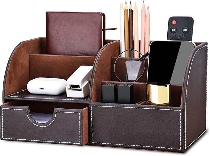KINGFOM Pu Leather Desk Organizer Pen Pencil Holder Office Supplies Caddy Storage Box 6 Compartments with Drawer Brown