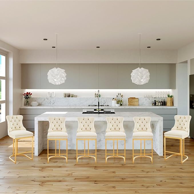 UVV Counter Height Bar Stools Set of 2, 26" Modern Barstools with Back, Velvet Upholstery Counter Chairs with Metal Legs for Kitchen Island, Bar, Counter, Beige