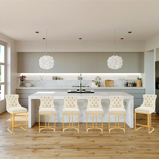 UVV Counter Height Bar Stools Set of 6, 26" Modern Barstools with Back, Velvet Upholstery Counter Chairs with Metal Legs for Kitchen Island, Bar, Counter, Beige