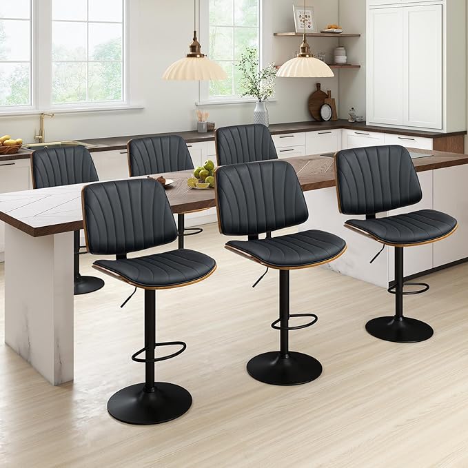 ECOTOUGE Bar Stools Set of 6, Adjustable Bentwood Barstools, Modern Swivel Bar Height Chairs with Back and Footrest for Kitchen Island, Counter, Dining Room(Black)