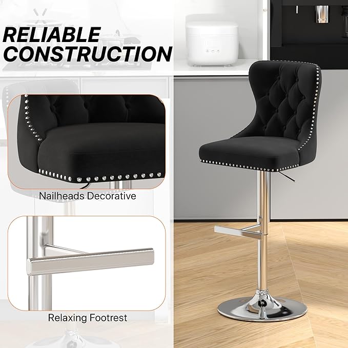 Bar Stools Set of 6, Velvet Swivel Counter Height Stools with Tufted Back, Adjustable Seat with Nailheads Trim, Upholstered Bar Chairs with Steel Base for Kitchen Island, Pub, Black