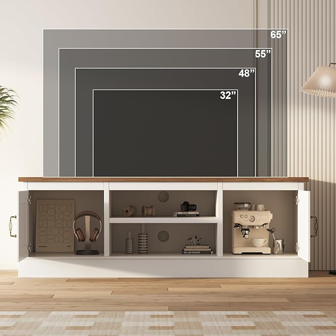 Farmhouse TV Stand for 65 Inch TVs Entertainment Center with Storage Cabinets Modern Media Console Table Rustic Wood Design for Living Room Office 61 * 17.7 * 21.7 Inch White&Brown