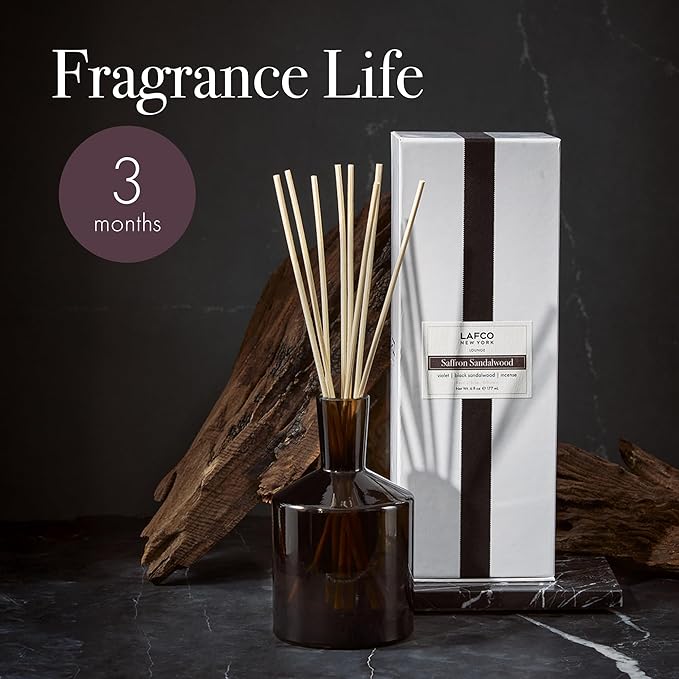 LAFCO New York Fall Classic Reed Diffuser, Saffron Sandalwood - 6 oz - Up to 3 Months Fragrance Life - Reusable, Hand Blown Glass Vessel - Natural Wood Reeds - Made in The USA